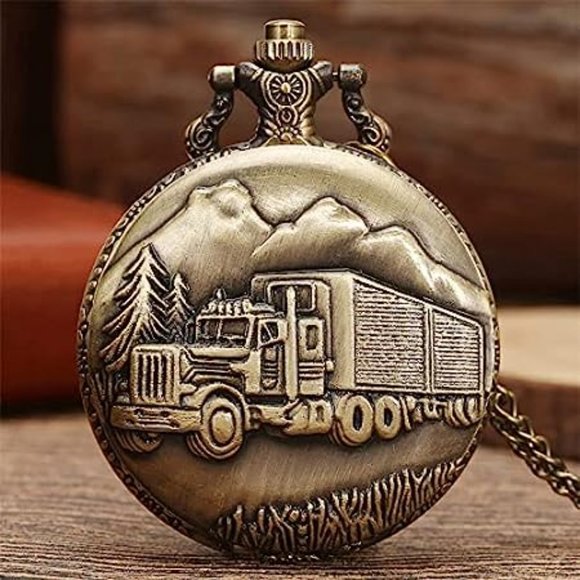 New bronzed semi truck pocket watch on removable chain - Picture 2 of 5
